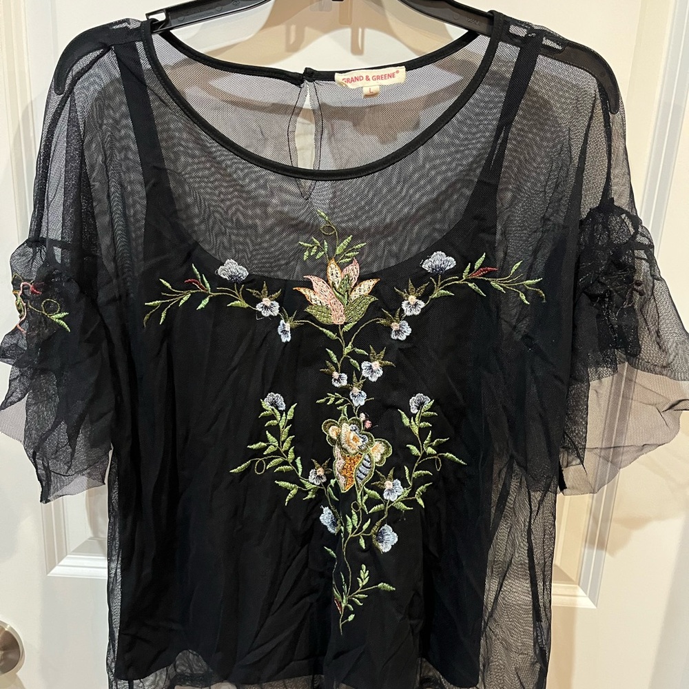 Black Embroidered Mesh Top